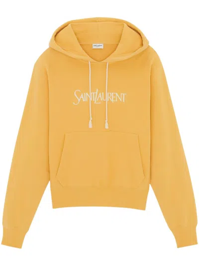 Shop Saint Laurent Yellow Hoodie With Logo Print And Drawstring Hood For Women