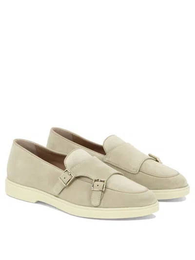 Shop Santoni Tan Suede Women's Loafers With Double Buckle And Leather Sole
