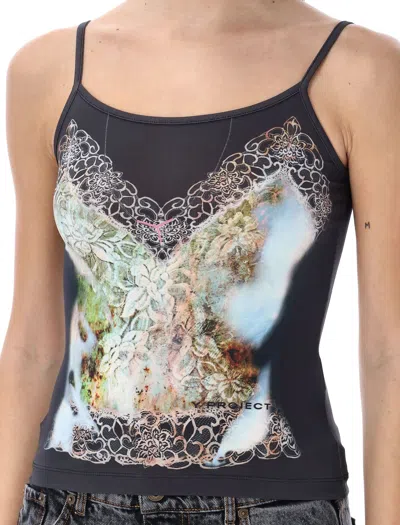 Shop Y/project Scoop Neck Lace Print Top With Adjustable Spaghetti Straps By  In Black