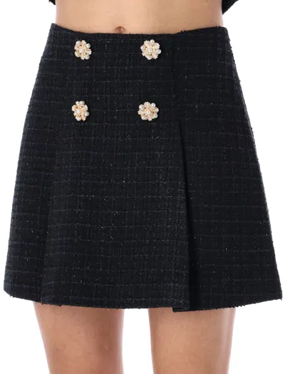 Shop Self-portrait Black Bouclé Mini Skirt With High Waist And Pearl Embellishments