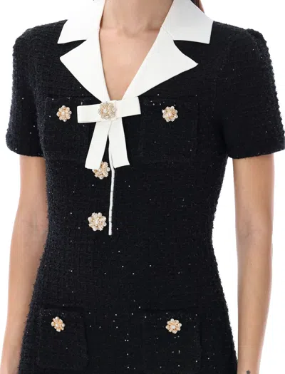 Shop Self-portrait Black Knit Bow Mini Dress With Sequin And Diamanté Details