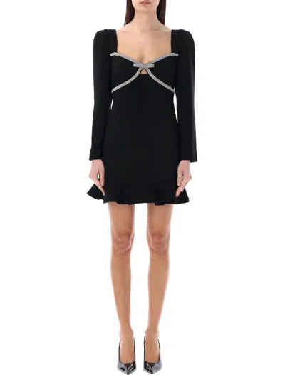Shop Self-portrait Black Diamante Bow Mini Dress With Sweetheart Neckline And Long Sleeves