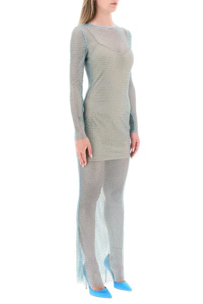 Shop Self-portrait Blue Fishnet Maxi Dress With Rhinestones For Women Ss23 In Light Blue
