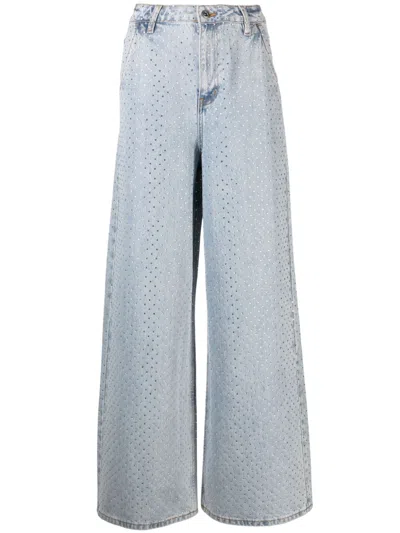 Shop Self-portrait Blue Rhinestone Embellished High-rise Wide Leg Denim Jeans