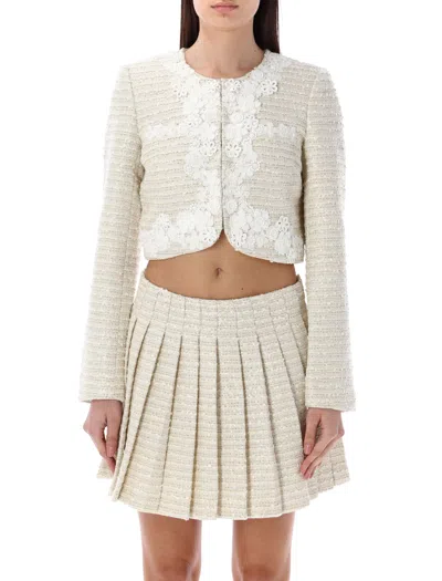 Shop Self-portrait Bouclé Floral Trim Jacket In Gold And White In Gold_white