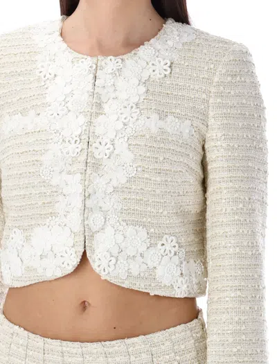 Shop Self-portrait Bouclé Floral Trim Jacket In Gold And White In Gold_white