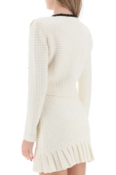 Shop Self-portrait Short Waffle Knit Jacket For Women In Cream White And Black