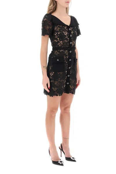 Shop Self-portrait Floral Lace Mini Dress With Folded Neckline For Women In Black
