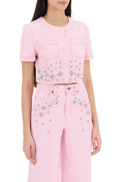 Shop Self-portrait Distressed Denim Top With Crystal Embellishments In Pink