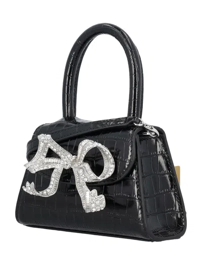 Shop Self-portrait Elegant Croc Leather Micro Handbag With Diamante Bow In Black