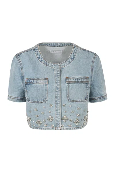 Shop Self-portrait Embroidered Denim Top With Front Pockets In Blue