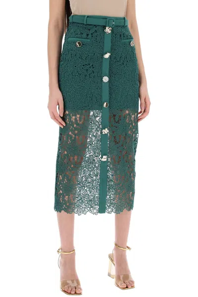 Shop Self-portrait Floral Pattern Guipure Lace Midi Skirt For Women In Green