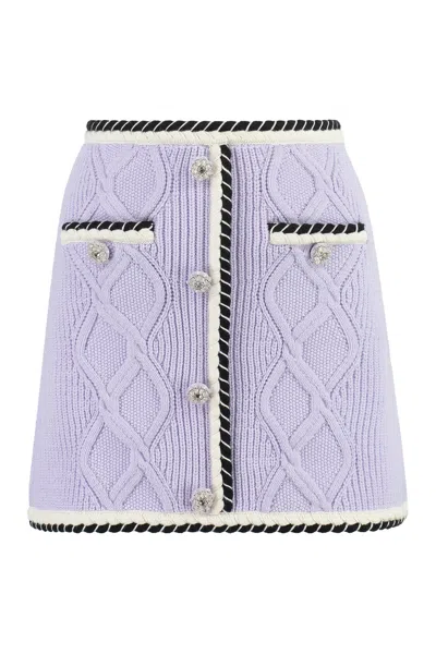Shop Self-portrait Lilac Knit Mini Skirt With Contrasting Trimmings And Embellished Buttons In Purple