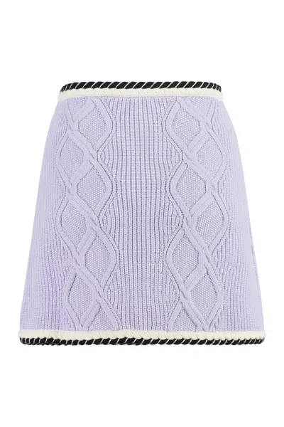 Shop Self-portrait Lilac Knit Mini Skirt With Contrasting Trimmings And Embellished Buttons In Purple