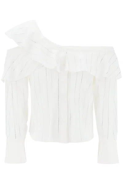 Shop Self-portrait Off-shoulder Blouse With Striped Rhinestones For Women In White
