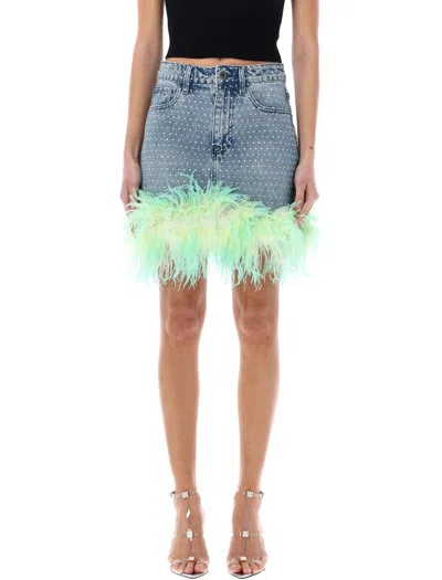 Shop Self-portrait Rhinestone Feather Denim Mini Skirt For Women In Blue