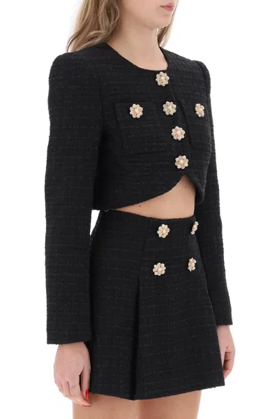 Shop Self-portrait Tweed Cropped Jacket With Diamanté Buttons In Multicolor