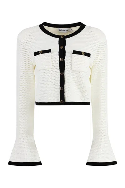 Shop Self-portrait White Knit Cardigan With Front Pockets And Bell Cuffs For Women