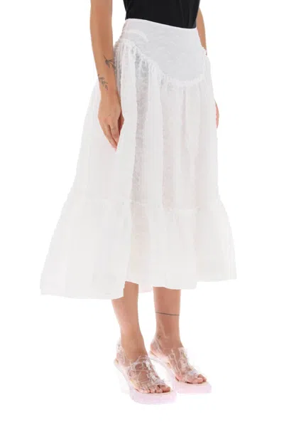 Shop Simone Rocha Floral Midi Skirt With Yoke Waist And Flounced Hem In White