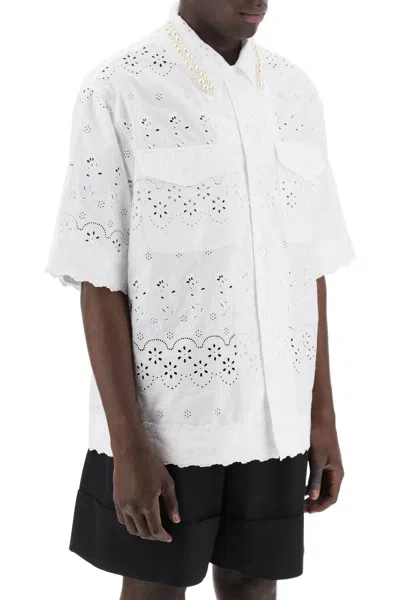 Shop Simone Rocha Scalloped Lace Shirt With Pearl Embellishments For Men In White