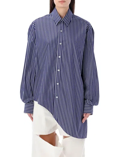 Shop Ssheena Vertical Stripe Asymmetrical Back Lettering Shirt In Blue