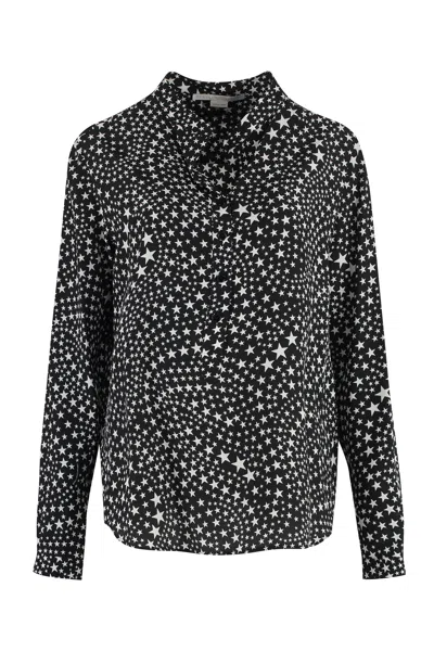 Shop Stella Mccartney Black Printed Silk Shirt With Mandarin Collar And Asymmetric Hem For Women