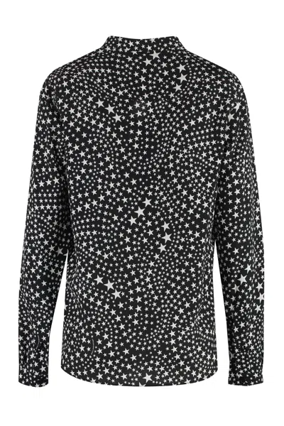 Shop Stella Mccartney Black Printed Silk Shirt With Mandarin Collar And Asymmetric Hem For Women