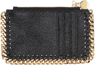 Shop Stella Mccartney Women's Black Falabella Card Holder In Shaggy Deer Fabric And Gold-tone Trim
