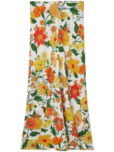 Shop Stella Mccartney Floral Print Midi Skirt In White And Multicolor For Women In Tan