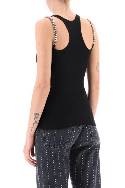 Shop Stella Mccartney Sophisticated Falabella Chain Top In Black Cotton Blend With Fabric And Chain Shoulder Straps
