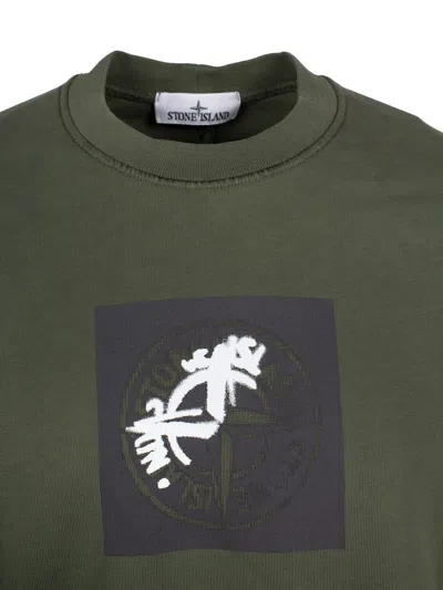 Shop Stone Island Sage Green Cotton Sweatshirt With Signature Compass Motif And Ribbed Trim