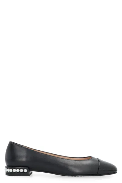 Stuart Weitzman Pearl Faux Pearl-embellished Leather Ballet Flats In Black