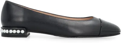 Stuart Weitzman Pearl Faux Pearl-embellished Leather Ballet Flats In Black