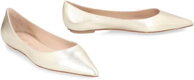 Shop Stuart Weitzman Gold Pointy Toe Leather Ballet Flats For Women