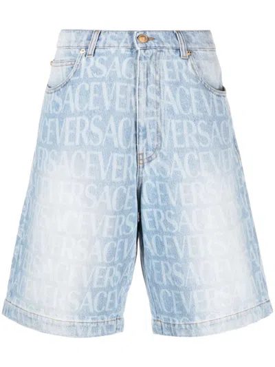 Shop Versace Stylish Logo Print Denim Shorts For Men In Gray