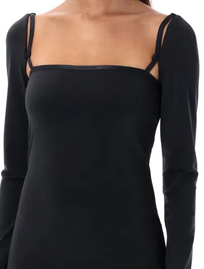 Shop Alexander Wang T Black Long-sleeve Mini Dress With Logo Elastic Straps For Women
