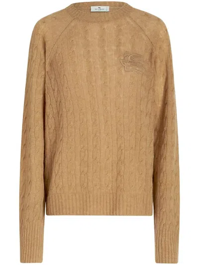 Shop Etro Tan Cable-knit Jumper With Embroidered Logo By  In Beige