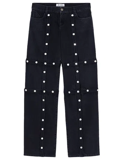 Shop Attico Black Cotton Denim Pants With Logoed Snap Buttons For Women