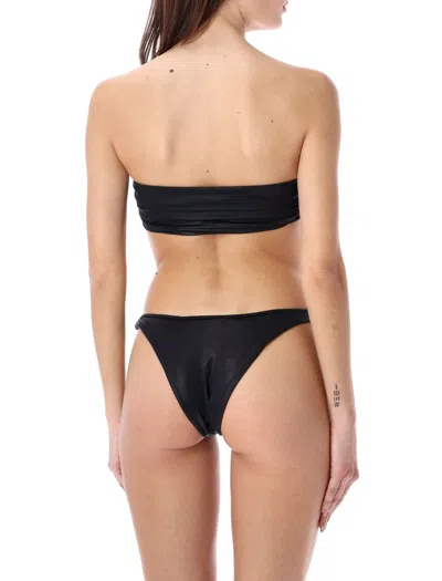 Shop Attico Black Strapless Bikini With Wet Look Lycra And Mini Logo Print