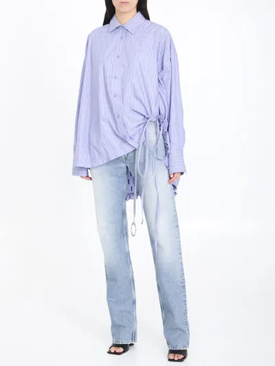 Shop Attico Light Blue Striped Cotton Shirt With Side Draping And Oversized Fit