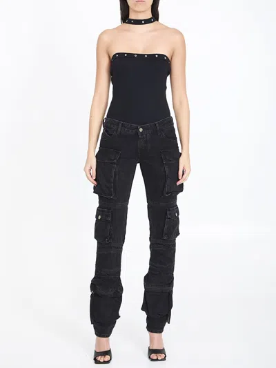 Shop Attico Low-waist Essie Cargo Jeans In Black Cotton Denim For Women