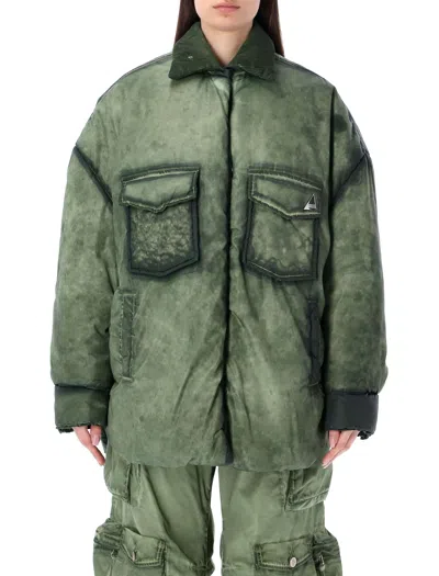 Shop Attico Military Green Oversize Padded Jacket With Corduroy Point Collar And Logo Metal Stud In Gray
