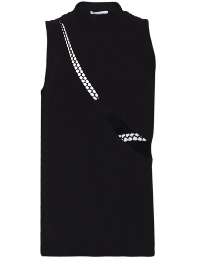 Shop Attico Trendy Black Sleeveless Top With Oblique Cuts And Embroidered Label