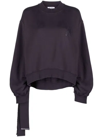 Shop Attico Women's Dark Purple Cotton Sweatshirt With Ruched Sleeves And Draped Strap Detailing In Blue