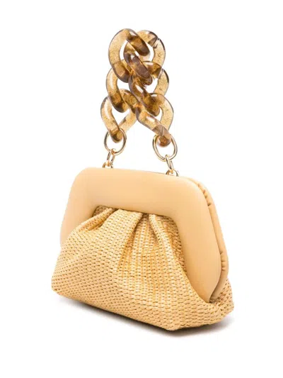 Shop Themoirè Light Beige Woven Straw Clutch Handbag With Logo Patch And Chain Handles In Yellow