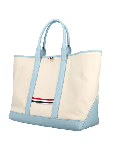 Shop Thom Browne Canvas And Leather Medium Tool Tote Handbag For Men In Natural/light_blue_1