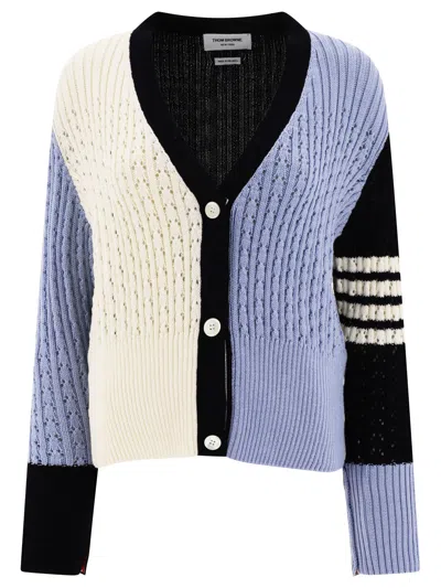 Shop Thom Browne Color-block V-neck Wool Cardigan For Women In Light Blue