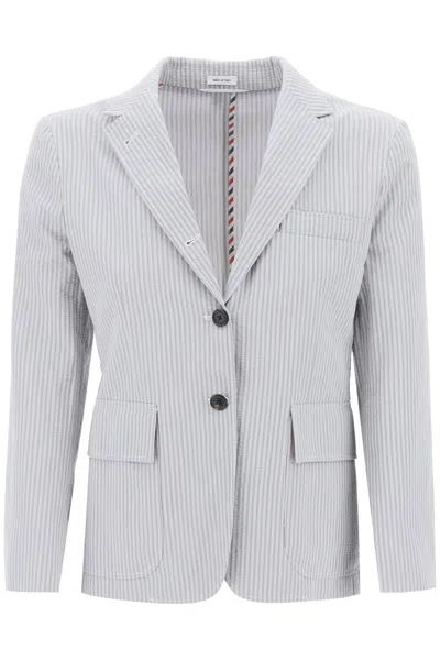 Shop Thom Browne Striped Seersucker Single-breasted Jacket In Grey