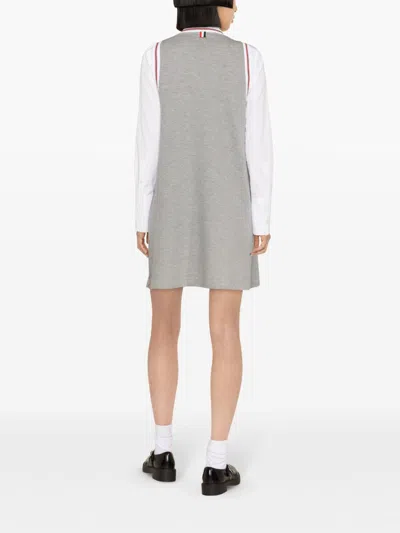 Shop Thom Browne Grey Stripe Trim V-neck Sleeveless Cotton Dress