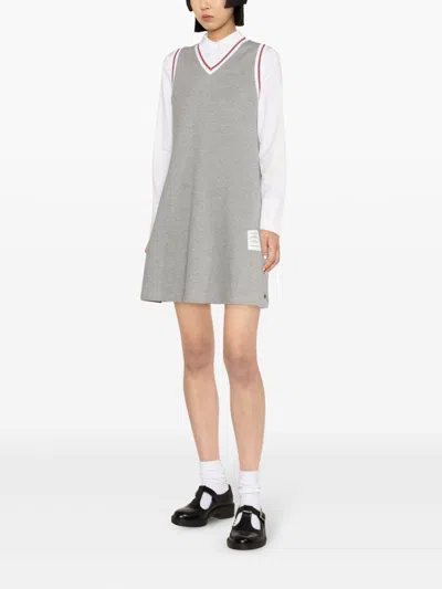 Shop Thom Browne Grey Stripe Trim V-neck Sleeveless Cotton Dress
